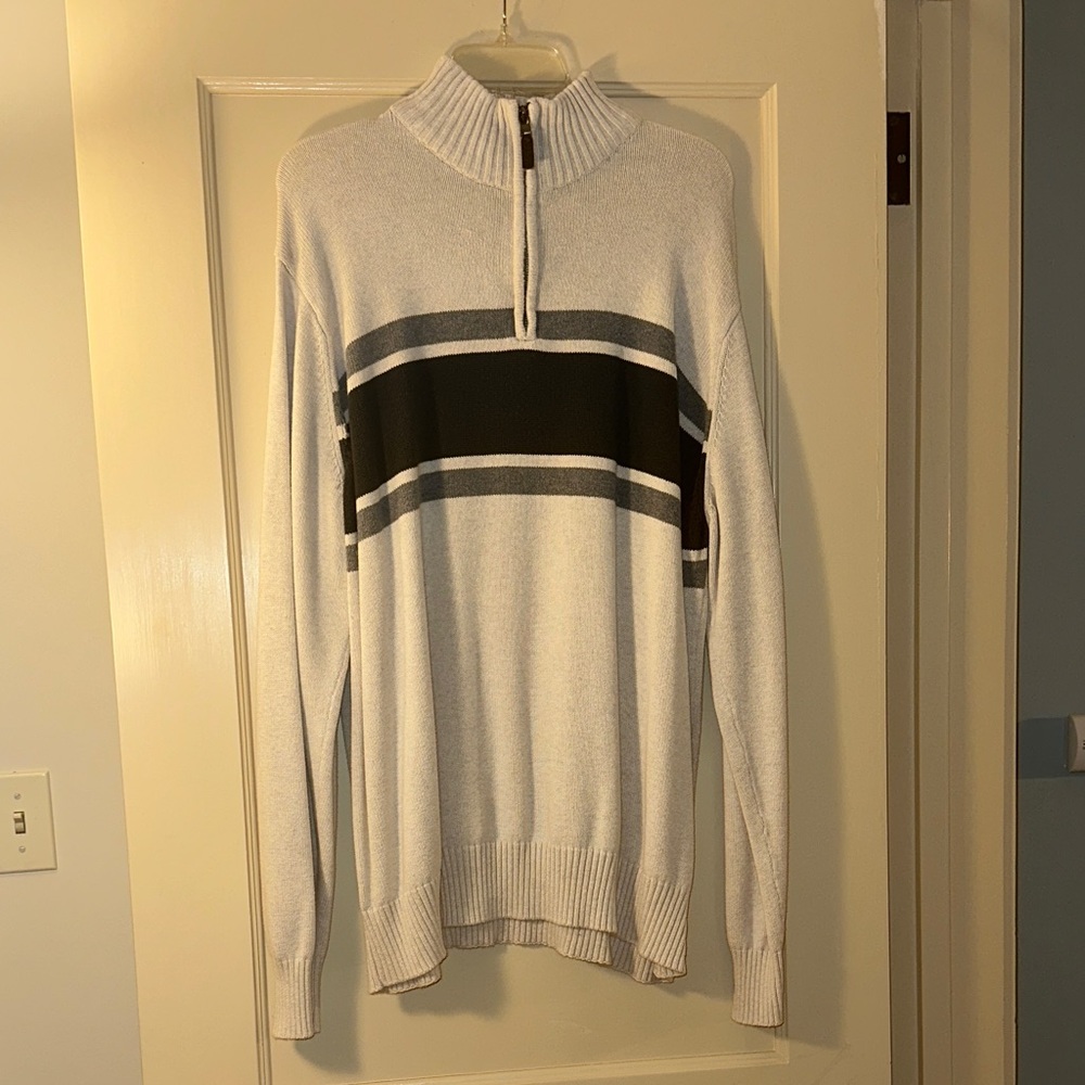 Eddie Bauer Men's Cream and Black and grey Striped Zip-Up Sweater